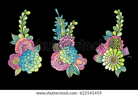 Flower hand drawn collection, succulent, rose and leaf vector. Hand drawn floral set isolated on black background. Elements for card design