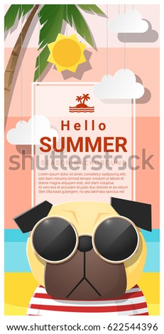 Hello summer background with dog wearing sunglasses , vector , illustration
