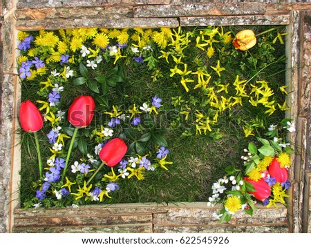 Picture of flowers on the background of grass. Frame made of unprocessed boards