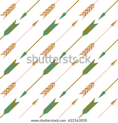 Seamless arrows pattern in boho tribal style. Tender pink and turquoise arrows with golden outlines. Vector illustration in hand-drawn manner.