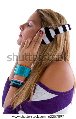 Young teenage girl with stylish clothes and cool headphones. Isolated over white background.