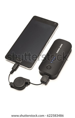 Smartphone with power bank on a white background