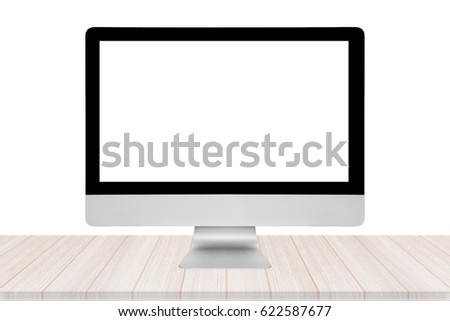 Smart modern PC with blank white screen on wooden table with white background.Photo design for smart technology and internet of things concept.