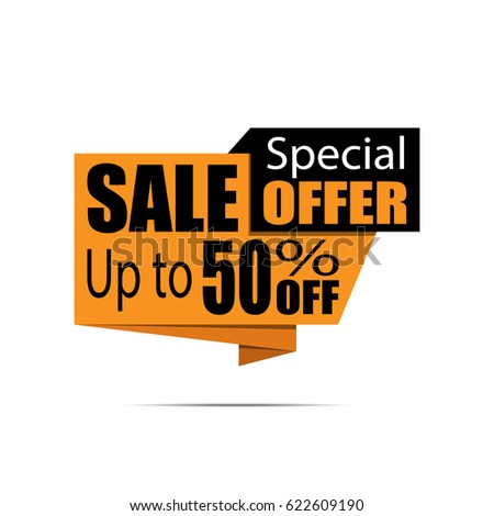 Sale banner. Yellow and black discount poster, Sale tag, label, badge, sticker, flat style. Special offer, Up to 50% off. Vector illustration, eps10