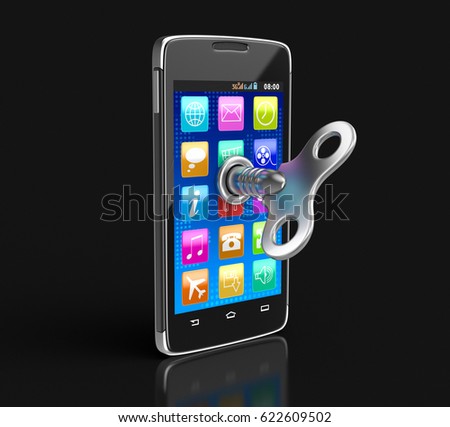 3D Illustration. Touchscreen smartphone with winding key. Image with clipping path.