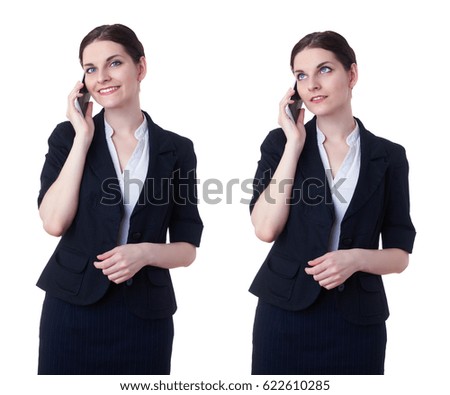 Smiling businesswoman standing over white isolated background with tablet smart phone, business, education, office, technology concept