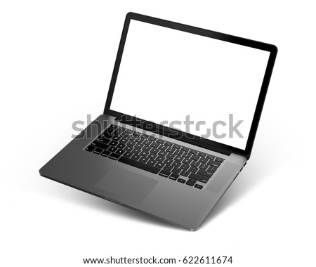 Laptop with blank screen isolated on white background, dark aluminium body. Whole in focus. High detailed, resolution image. 3d illustration.