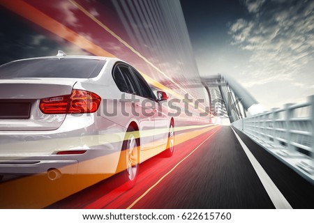 Speeding car, driving on the Highway Bridge in Asia Royalty-Free Stock Photo #622615760
