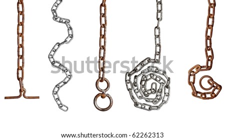 collection of metal chain parts on white background. each one is in full cameras resolution