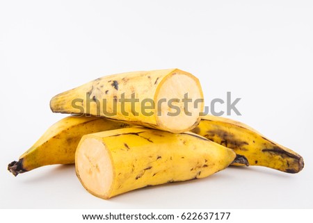 Plantain or Green Banana isolated in white background. Musa x paradisiaca Royalty-Free Stock Photo #622637177