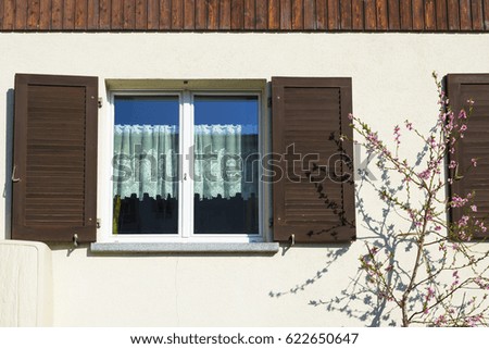 Part of the front of the house is a traditional in Europe vintage style. Windows with shutters.