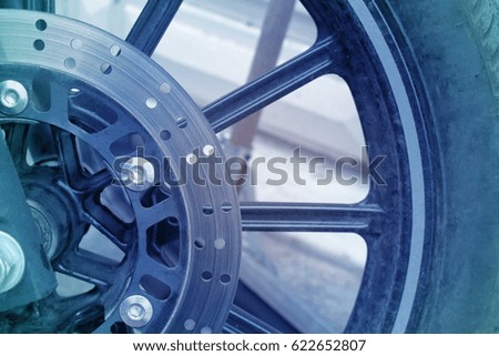 Motorcycle wheel with brake disk closeup