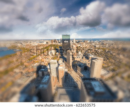 Aerial view of Boston skyline at sunset - MA - USA.