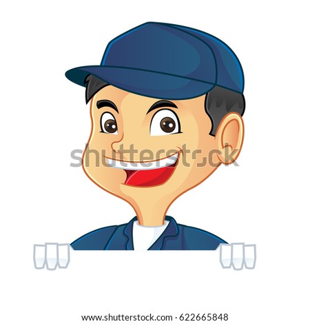 Mechanic holding blank sign isolated in white background