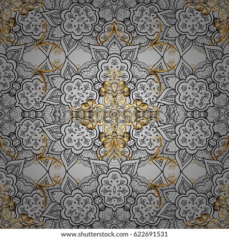 Vector golden mehndi seamless pattern. Ornamental floral elements with henna tattoo, golden stickers, mehndi and yoga design, cards and prints. Pattern on gray background with golden elements.