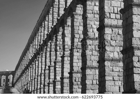 Segovia (Castilla y Leon, Spain): the Roman aqueduct, Unesco World Heritage Site. Black and white