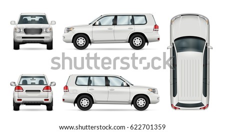 Offroad truck template. Vector isolated car on white. All layers and groups well organized for easy editing and recolor. View from side, front, back, top. Royalty-Free Stock Photo #622701359