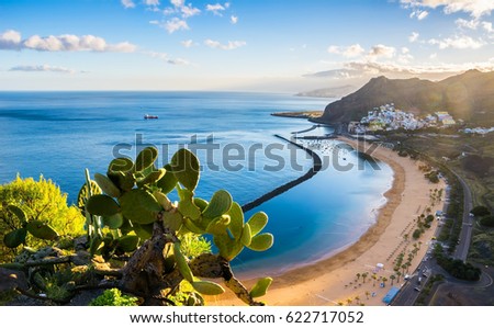 Amazing view of beach las Teresitas with yellow sand. Location: Santa Cruz de Tenerife, Tenerife, Canary Islands. Artistic picture. Beauty world Royalty-Free Stock Photo #622717052