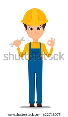 Happy Labor day. Constructor worker. Builder. Handsome repair worker holding wrench and showing OK sign. Cute cartoon character repairer. Happy Labor day. Vector illustration.