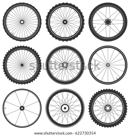 Bicycle wheel symbol,vector. Bike rubber. Mountain tyre. Valve. Fitness cycle.MTB. Mountainbike. Set with 9 wheels.