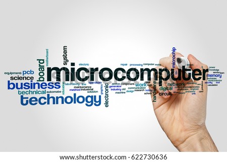 Microcomputer word cloud concept on grey background