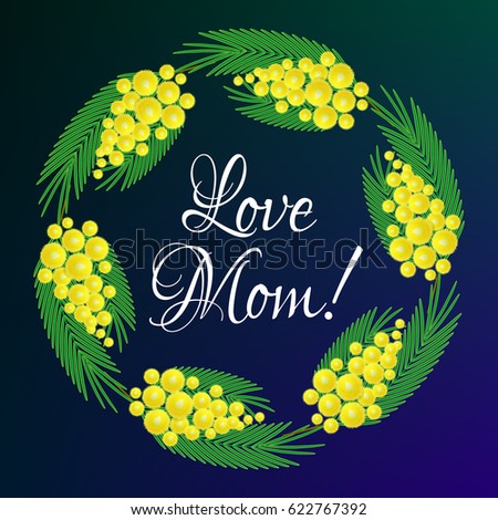 Vector element of yellow fluffy mimosa tree brunh for Mother day or Woman celebration day greeting card or poster.  