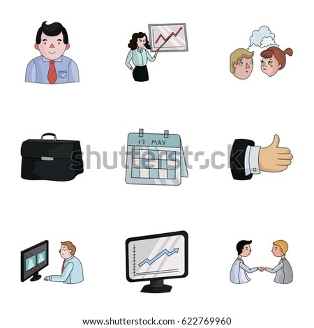 A set of pictures about the transaction, work, office. Office center, analytics. conference and negotiations icon in set collection on cartoon style vector symbol stock illustration.
