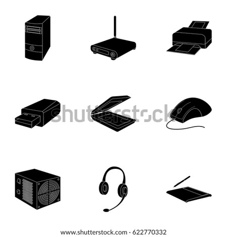 Computer accessories. Headphones, computer parts, accessories. icon in set collection on black style vector symbol stock illustration.