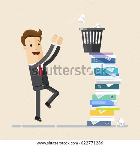 Businessman throws paper in the basket. Office game. Manager have a rest. Break time  at work, time-out. Vector, illustration, flat