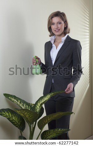 Businesswoman watering plants in her office