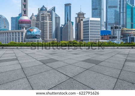 cityscape and skyline of shanghai  in blue sky from empty floor