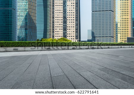 cityscape and skyline of shanghai  in blue sky from empty floor
