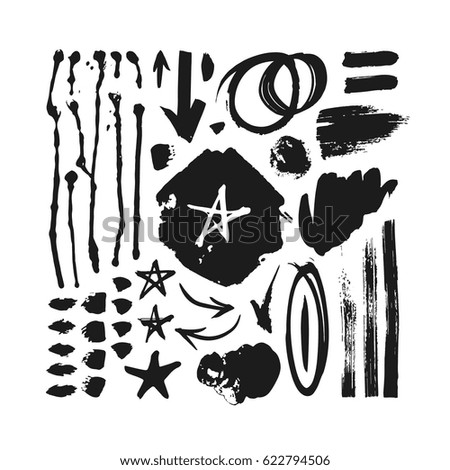 Set of hand drawn objects. Black on white background isolated. Abstract brush drawing. Vector art illustration grunge forms, frames, arrows, stars and other