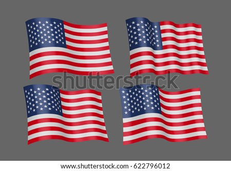 3D Waving flag of the United States. Vector illustration. Isolated on gray background. Design element. The silky fabric.