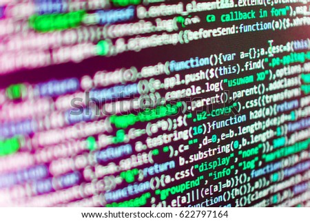 Modern tech. Computer science lesson. Developer working on websites codes in office. Displaying program code on computer. Coding script text on screen. Notebook closeup photo. 
