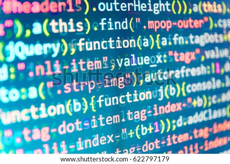 Abstract screen of software. Database bits access stream visualisation. IT business.  Binary digits code editing. CSS, JavaScript and HTML usage. Software development. Programmer occupation job. 

