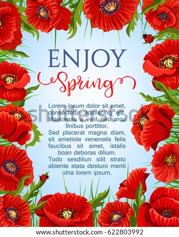 Spring vector poster with frame of blooming poppy flowers wreath. Springtime flourish nature design of red floral bouquets, blossoms and butterflies for seasonal holiday greeting quotes design
