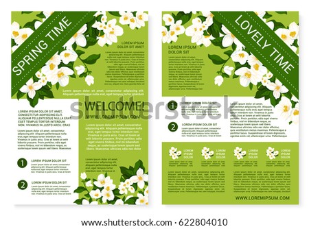 Welcome Spring greeting poster of white flowers wreath and floral bunches. Vector lovely quotes for springtime holidays with blooming lily flower bouquets and flourish jasmine or crocuses blossoms