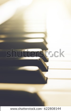 piano, keyboard piano, side view of instrument musical tool. vintage style.