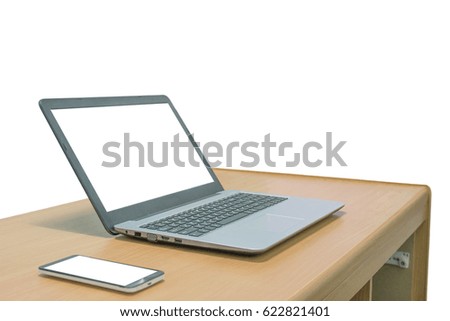 side view cellphone and laptop with blank space on desk, isolated background