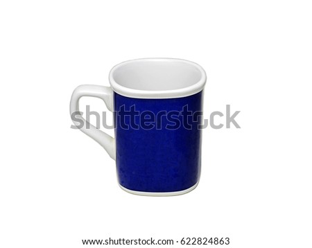 blue and white coffee cup on white.
