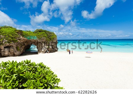 Paradise white sand tropical beach on coral lagoon island, Miyako Island, Okinawa, Japan
