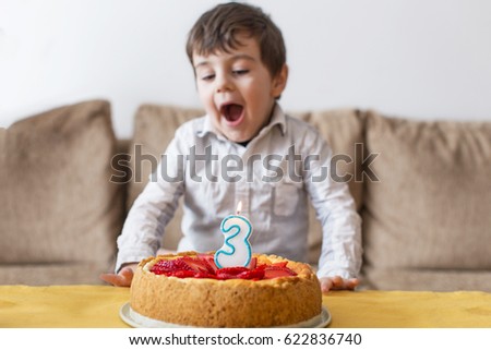 Toddler boy blowing out birthday candles