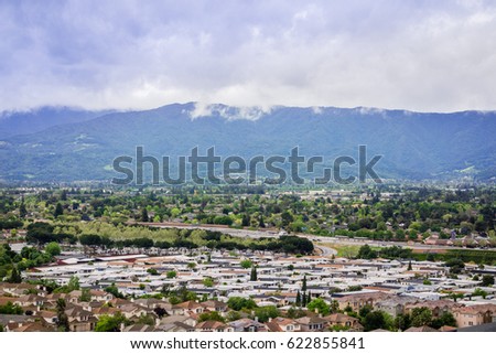 Aerial view of residential neighborhood on a cloudy day, San Jose, California