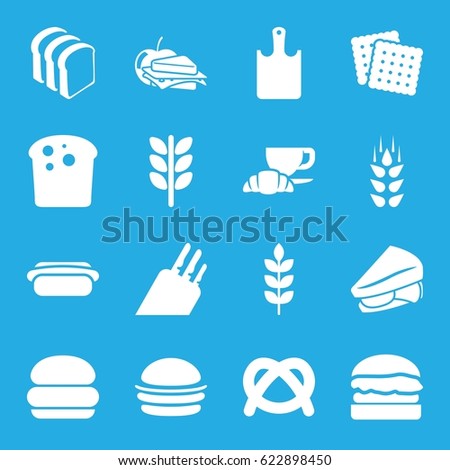 Bread icons set. set of 16 bread filled icons such as wheat, cookies, burger, sandwich, coffee and croissant, sandwich and apple, hot dog, chopping board, knife