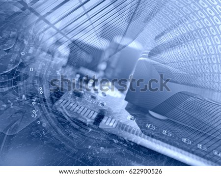 Computer background in blues with electronic device, building and digits.