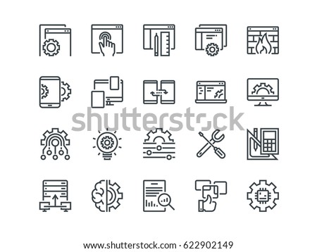 Web Development. Set of outline vector icons. Includes such as UX, Coding, Interface and other. Editable Stroke. 48x48 Pixel Perfect. Royalty-Free Stock Photo #622902149