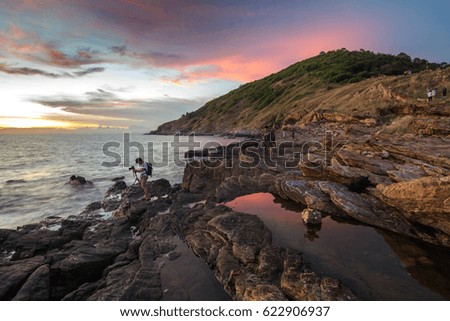Beautiful seascape. Sea and rock at the sunset. Nature composition.in thailand
