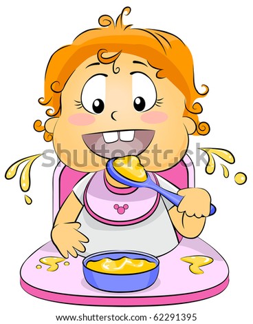 Illustration of a Baby Eating Baby Food - Vector