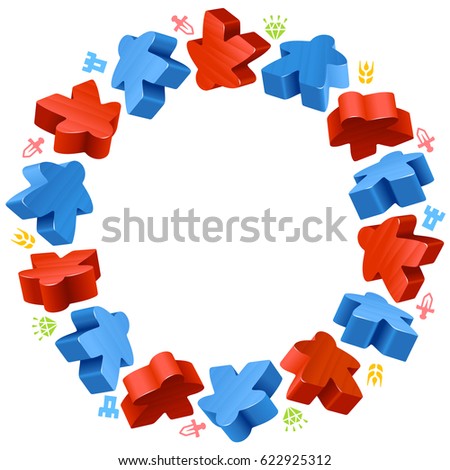 Circle frame of meeples for board games. Red and blue game pieces, and resources counter icons isolated on white. Vector border for design boardgames advertisement or template of geek t-shirt print